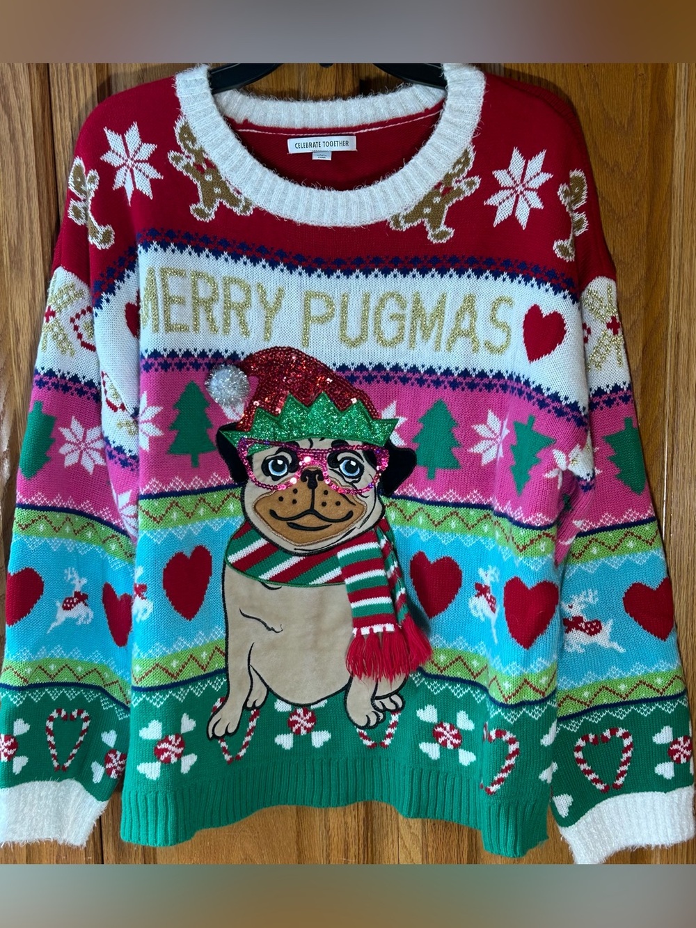 Celebrate Together Merry Pugmas Sequin Pug Holiday Sweater - Red/Green/Pink/Blue